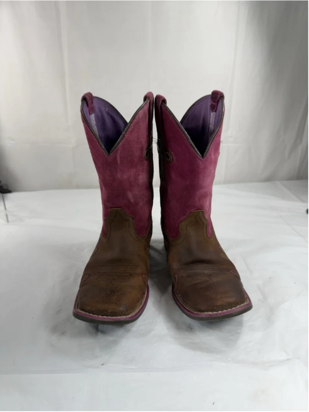 Girls US 1.5 Ariat Kid's Boots Crossroads Distressed Brown Fuschia Crosses